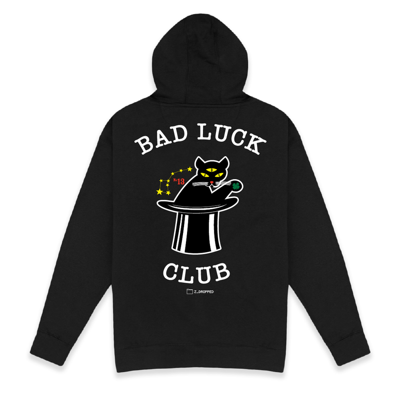 Rear view of a unisex black hoodie with 'Bad Luck Club' design on the back, featuring a cat in a top hat and death clover.