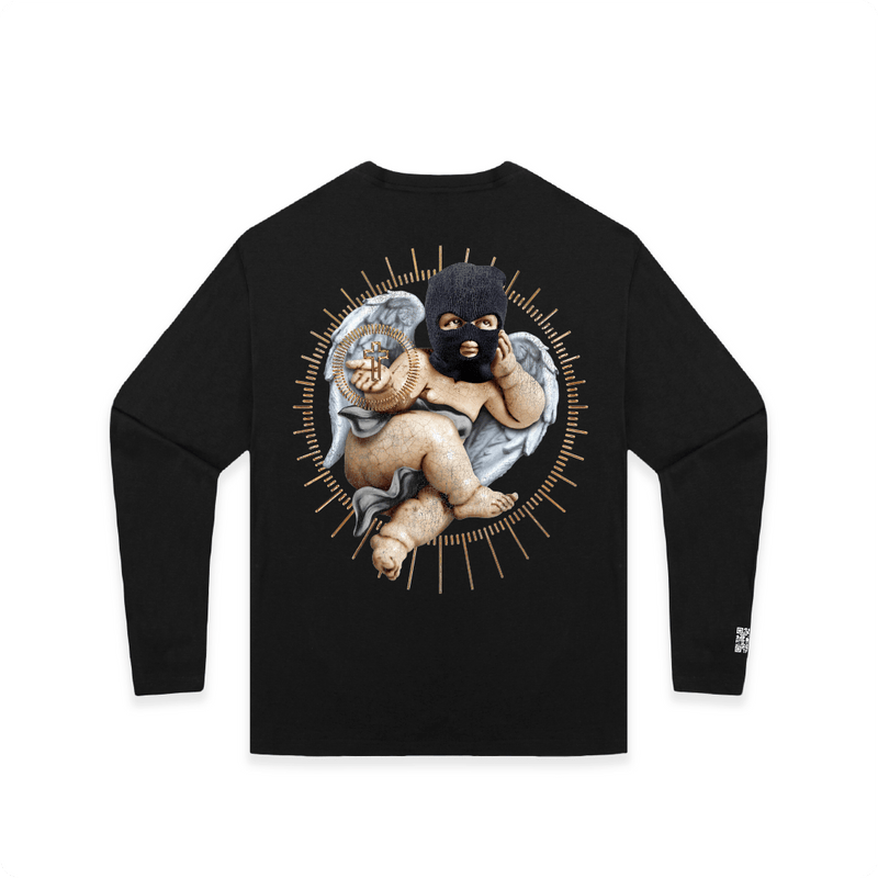 Rear view of a unisex black long sleeve tee shirt with a cherub graphic  on a white background