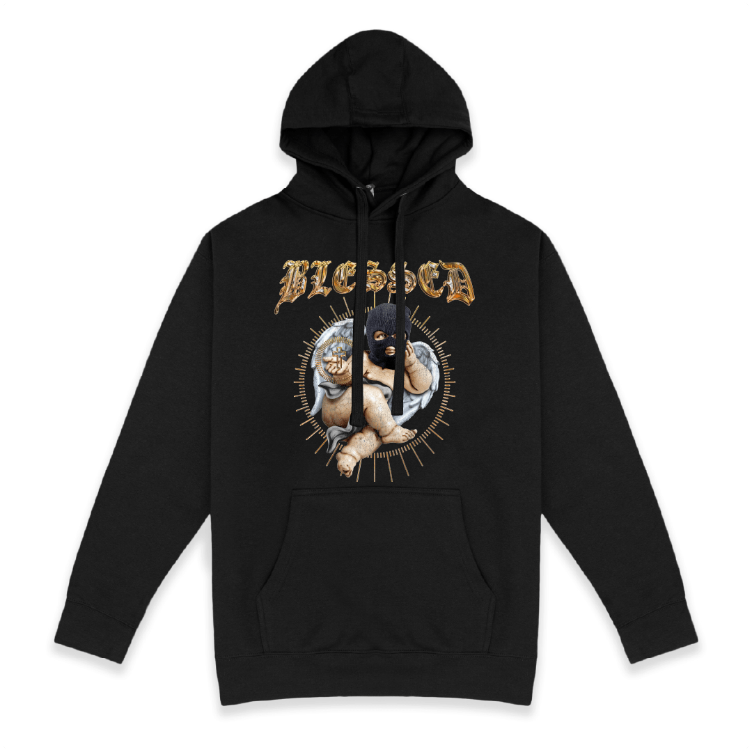 Front view of a unisex black hoodie with a cherub graphic and BLESSED text on the front on a white background