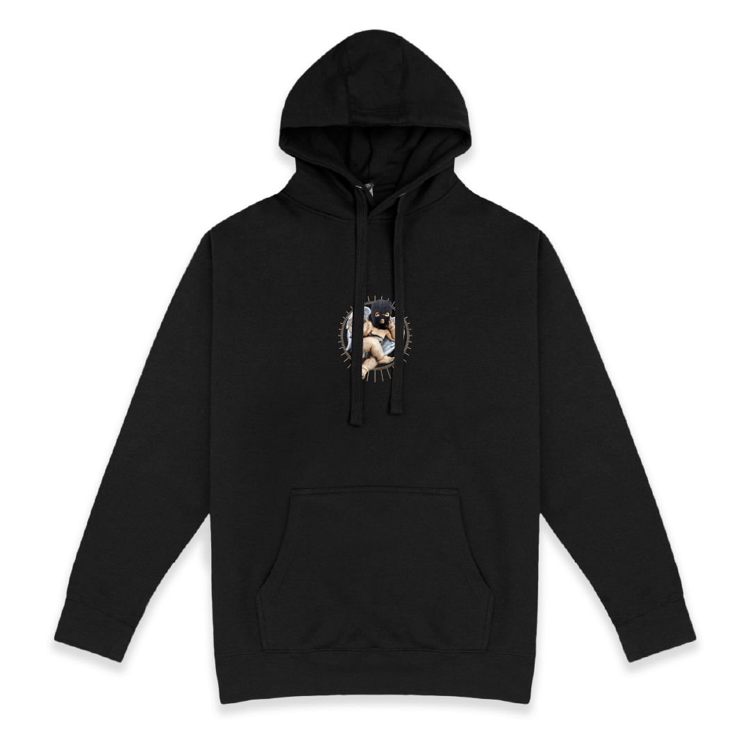 Front view of a unisex black hoodie with a small cherub graphic on a white background