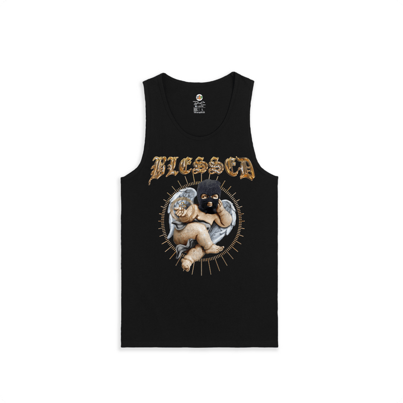 Front view of a men's black tank top with a cherub graphic and gold BLESSED text on a white background