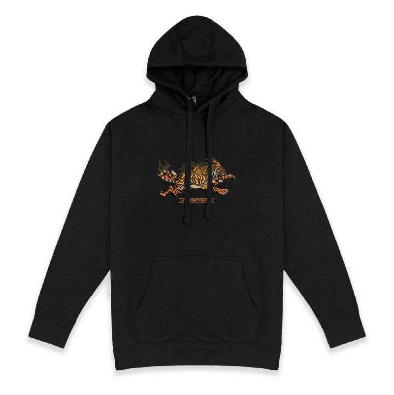 Front view of a unisex black hoodie with a small flaming leaping tiger graphic on the chest against a white background