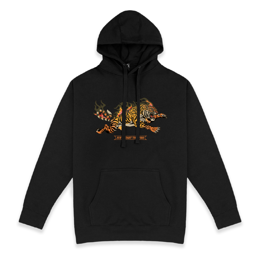 Front view of a unisex black hoodie with a large flaming leaping tiger graphic on the chest against a white background