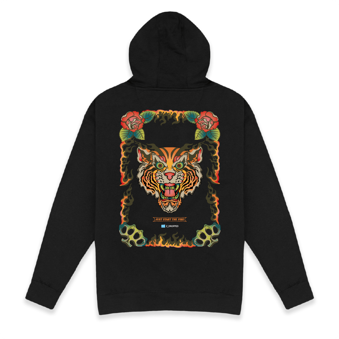 Rear view of a unisex black hoodie with a colorful flaming tiger design on a white background