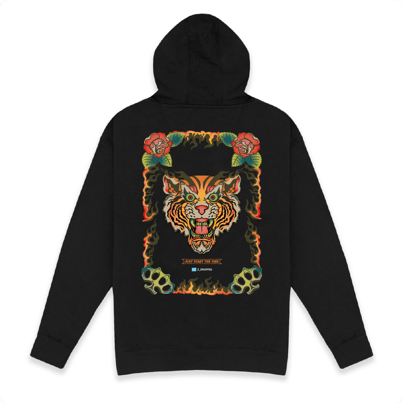 Rear view of a unisex black hoodie with a colorful flaming tiger design on a white background