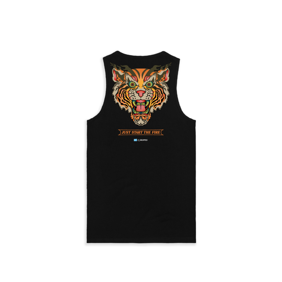 Black tank top with a tiger graphic and text on a white background