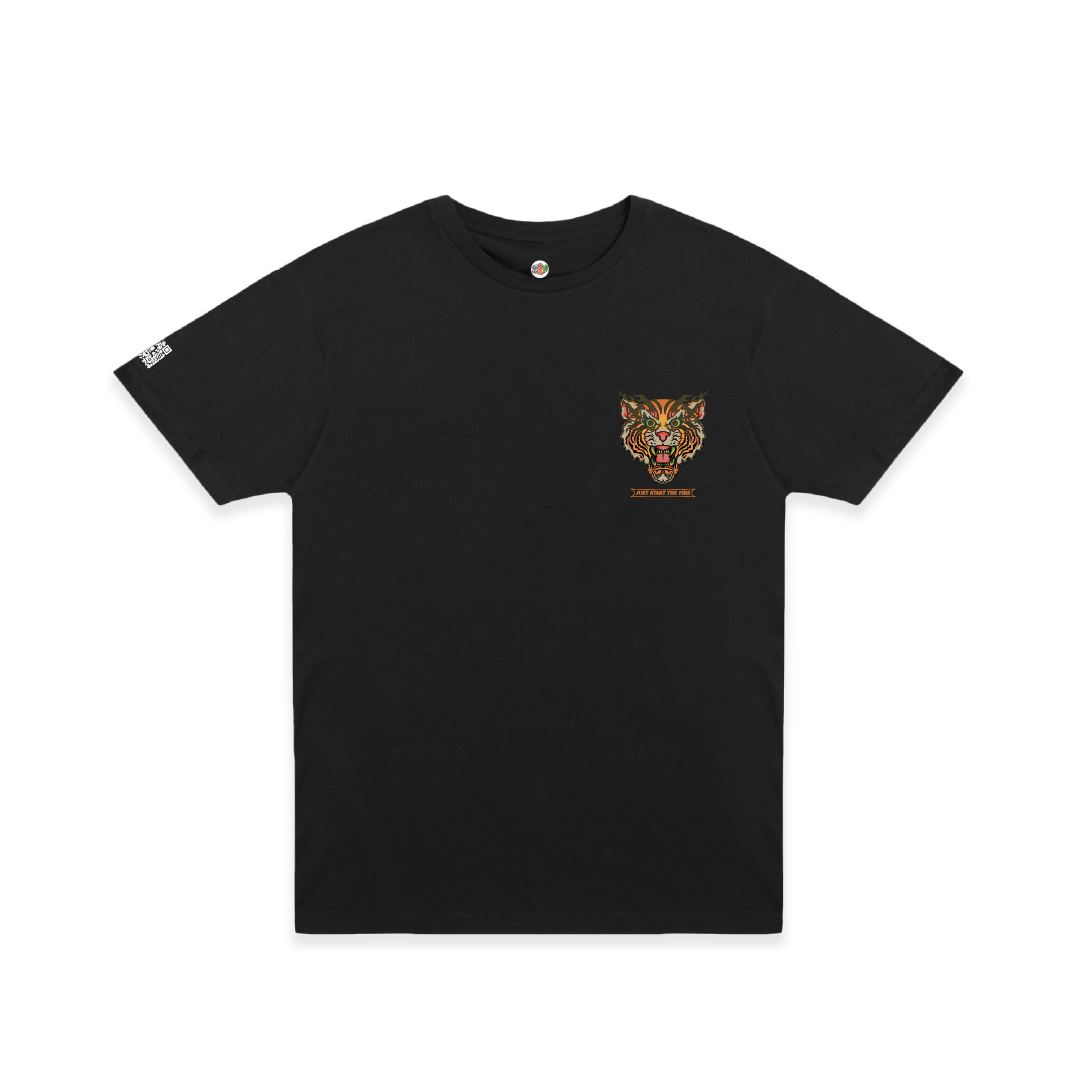 Black t-shirt with a tiger logo on a white background