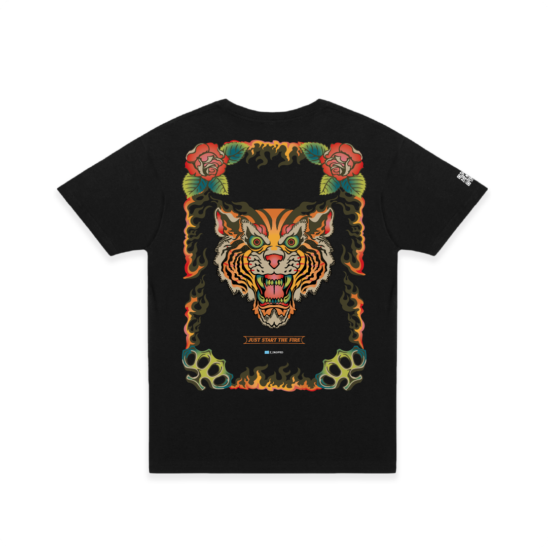 Black t-shirt with a colorful tiger design on a white background