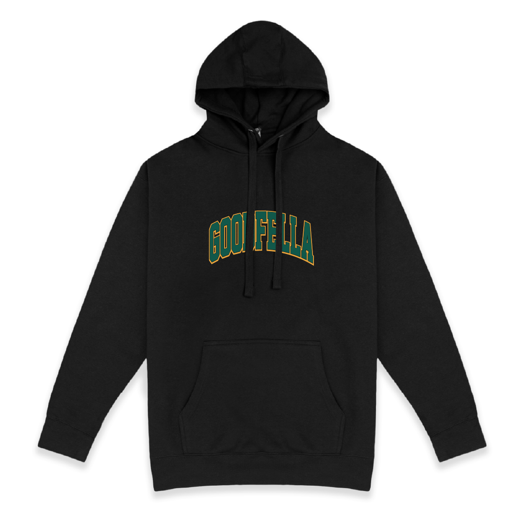 Front view unisex Black hoodie with 'GOODFELLA' text in green on a white background