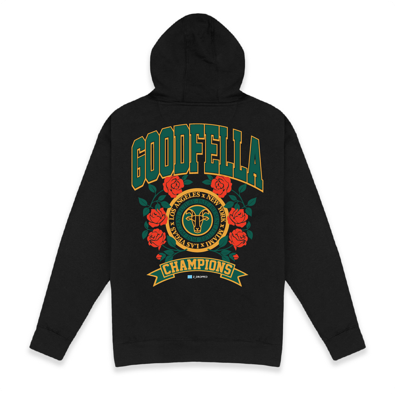 Rear View unisex Black hoodie with 'Goodfella Champions' graphic on the back