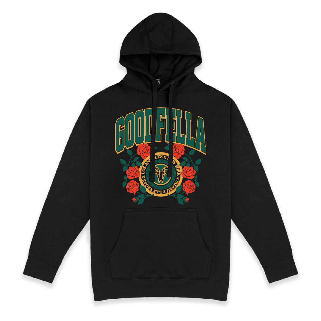 Front view of a unisex black hoodie with 'GOODFELLA' logo on the front on a white background