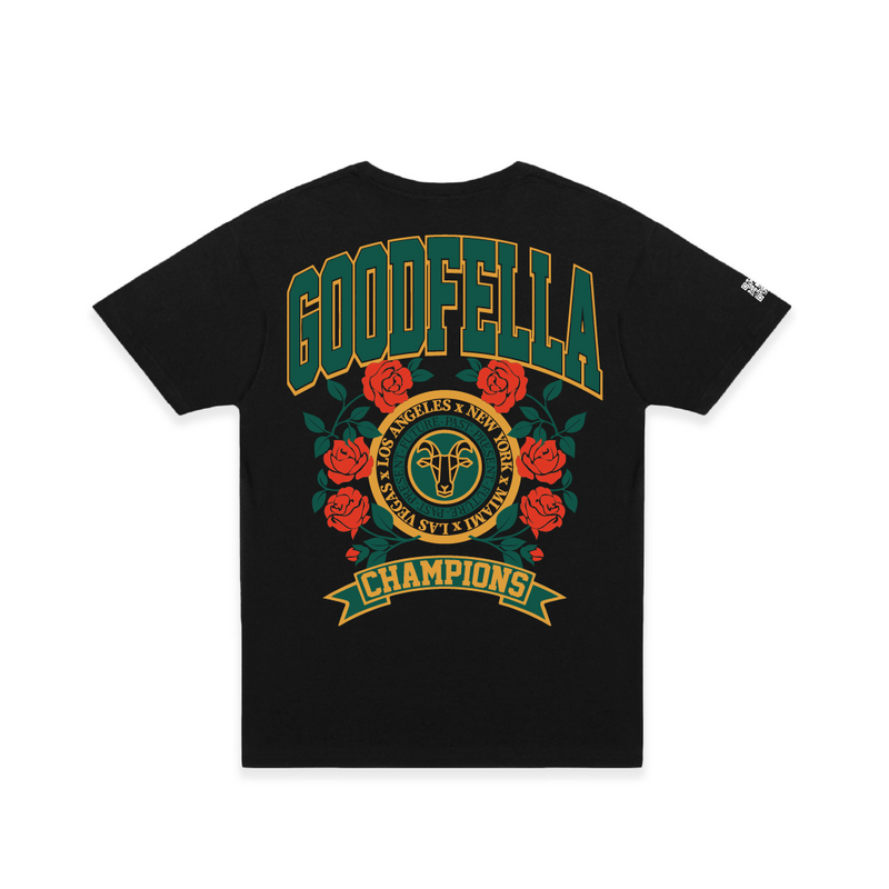 Rear view of a unisex black short sleeved shirt with a green and gold 'GOODFELLA CHAMPIONS' text roses and a G.O.A.T.