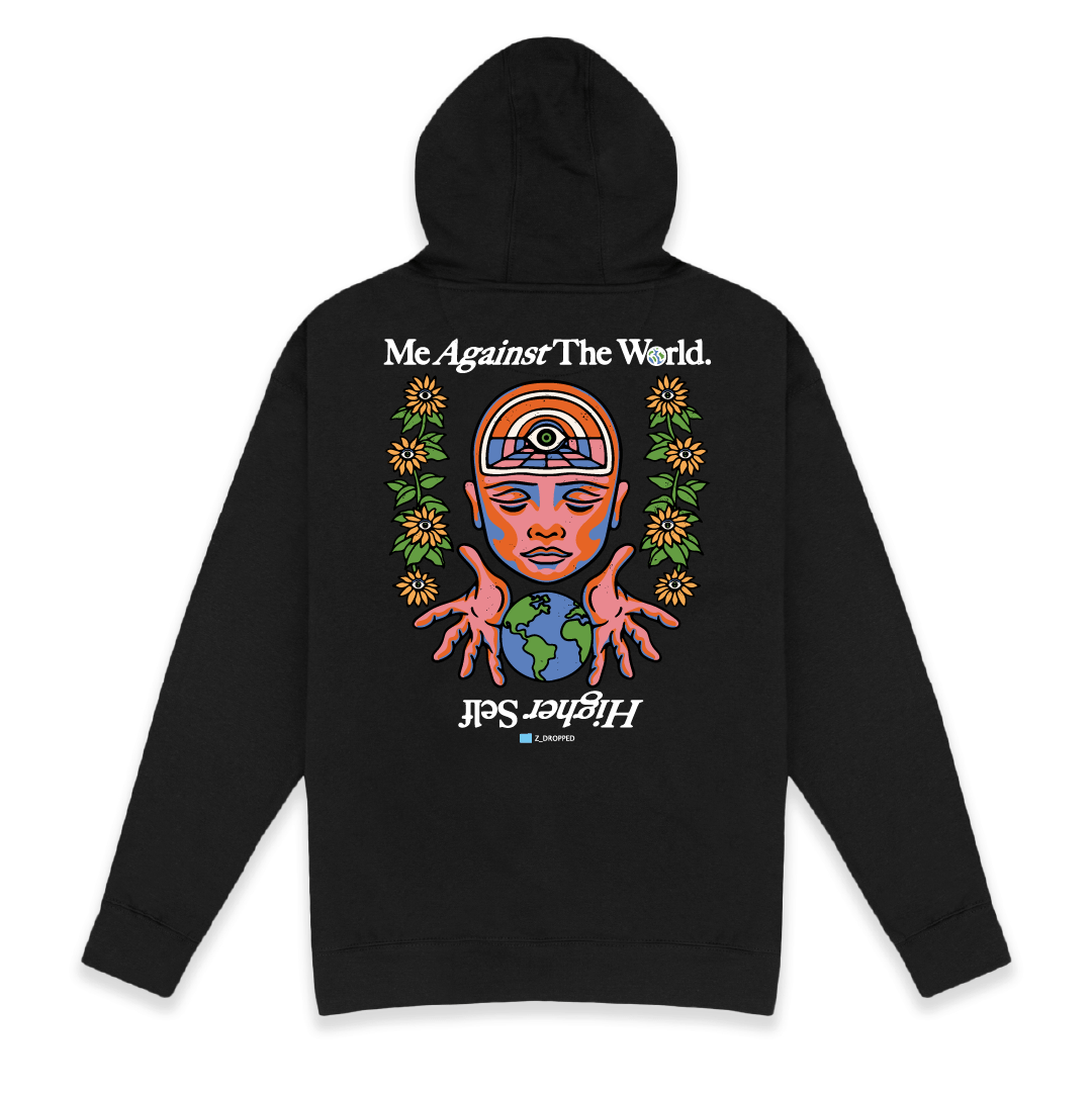 Rear view of a unisex black hoodie with a large colorful floral graphic and Me Against The World text on a white background