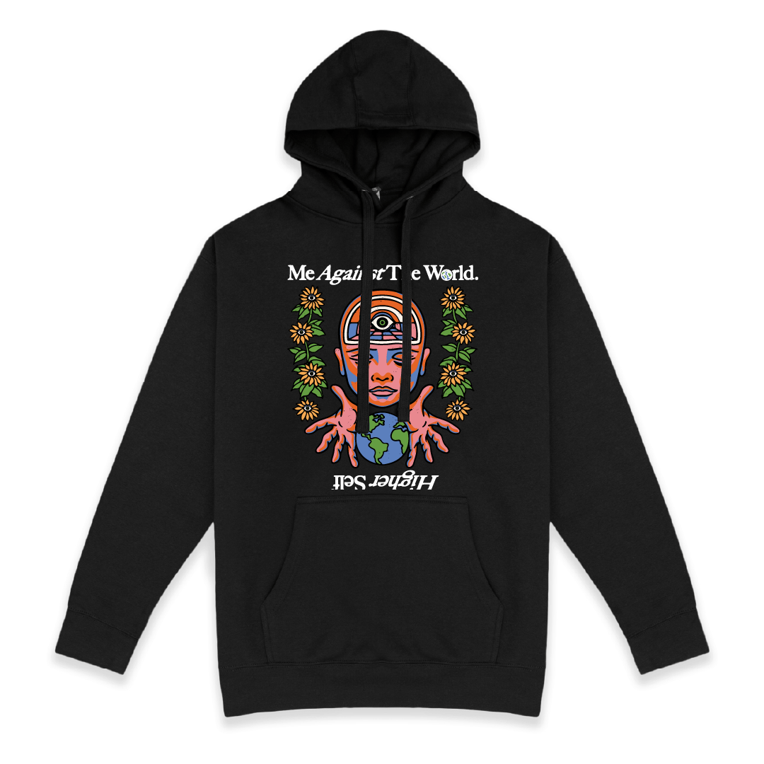 Front view of a unisex black hoodie with a large colorful floral graphic and Me Against The World text on a white background