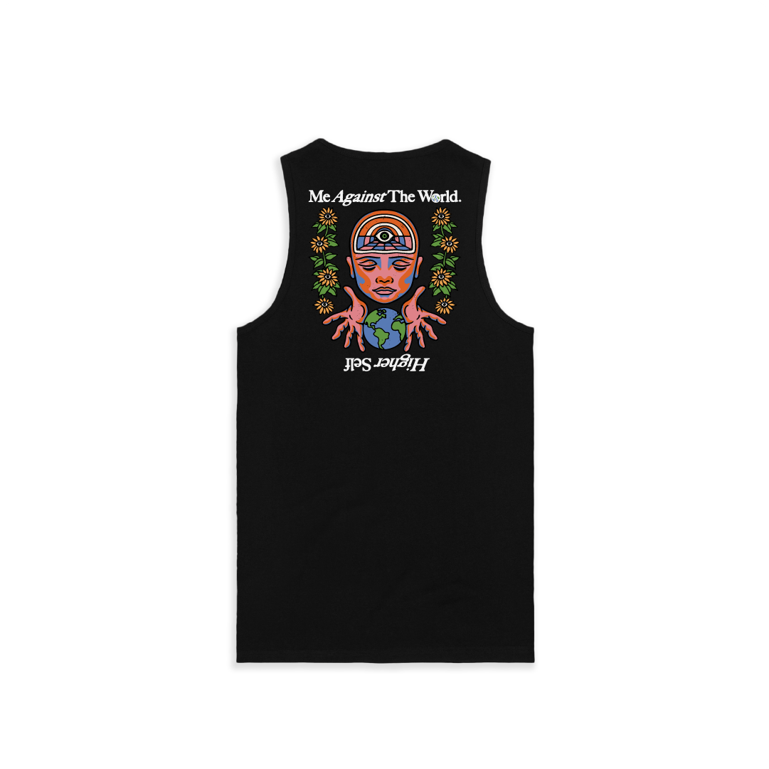 Rear view of a black tank top with a graphic design of a face holding the world and text on a white background
