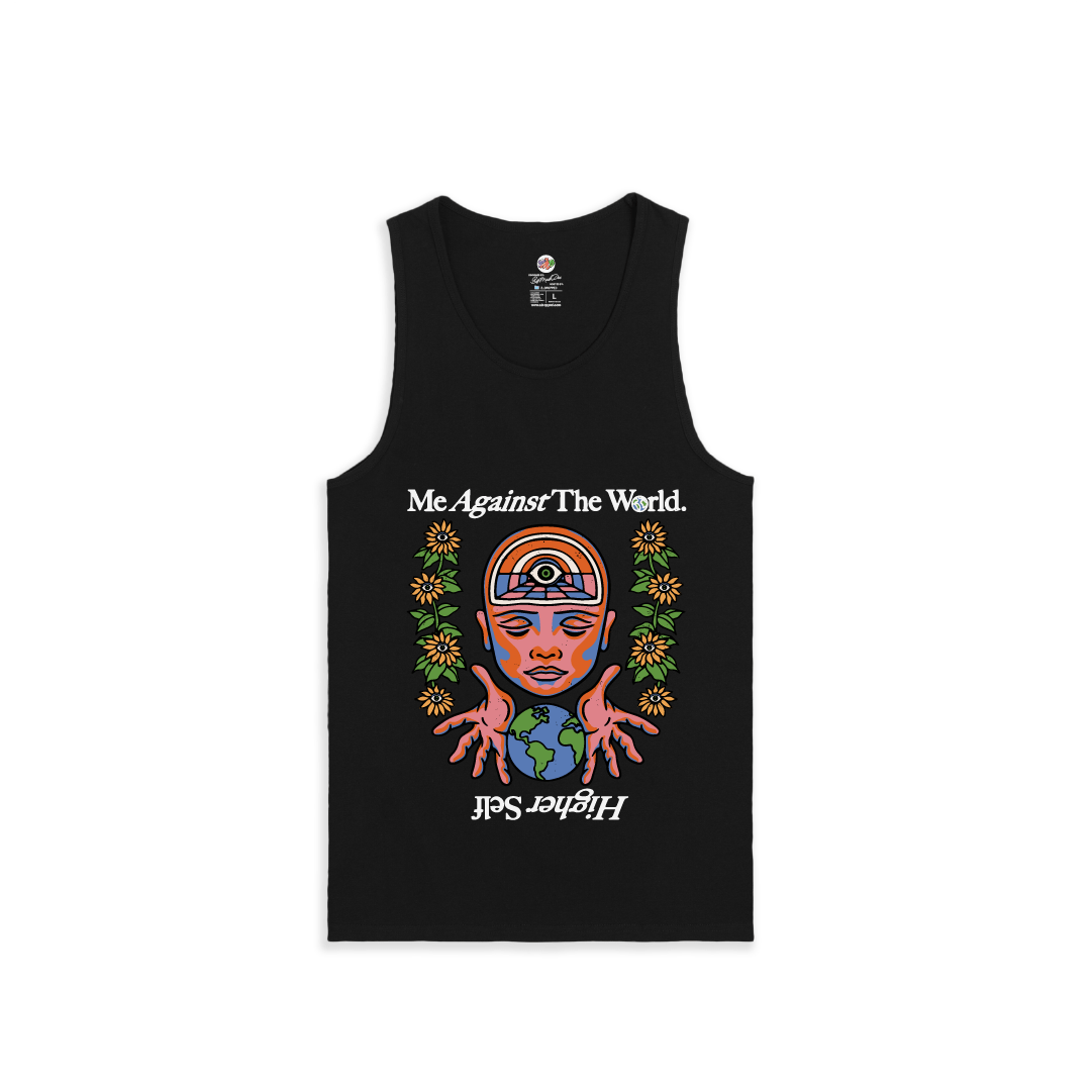 Front view of a mens black tank top with a colorful graphic design on a white background