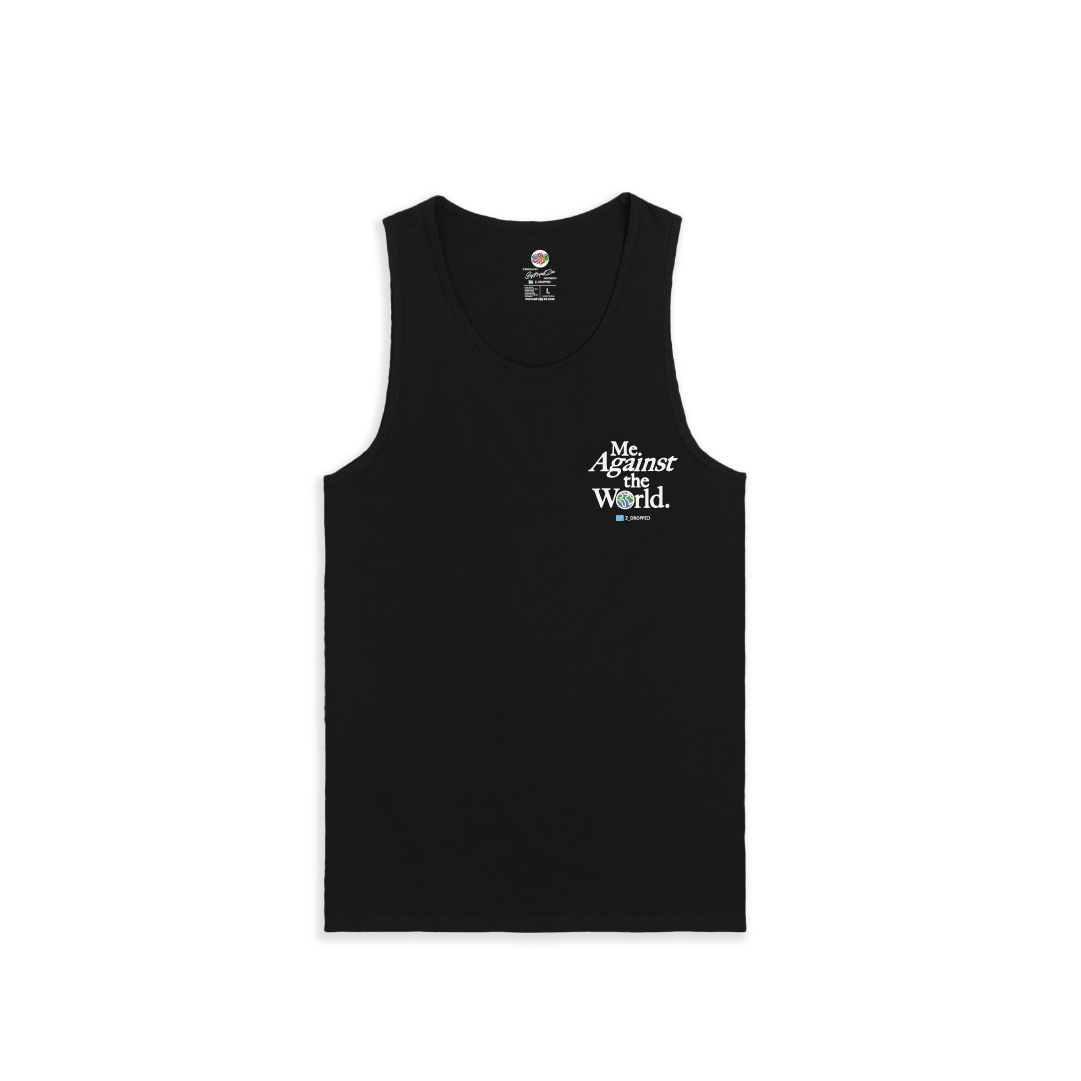 Front view of a mens Black tank top with me against the world logo on the chest on a white background