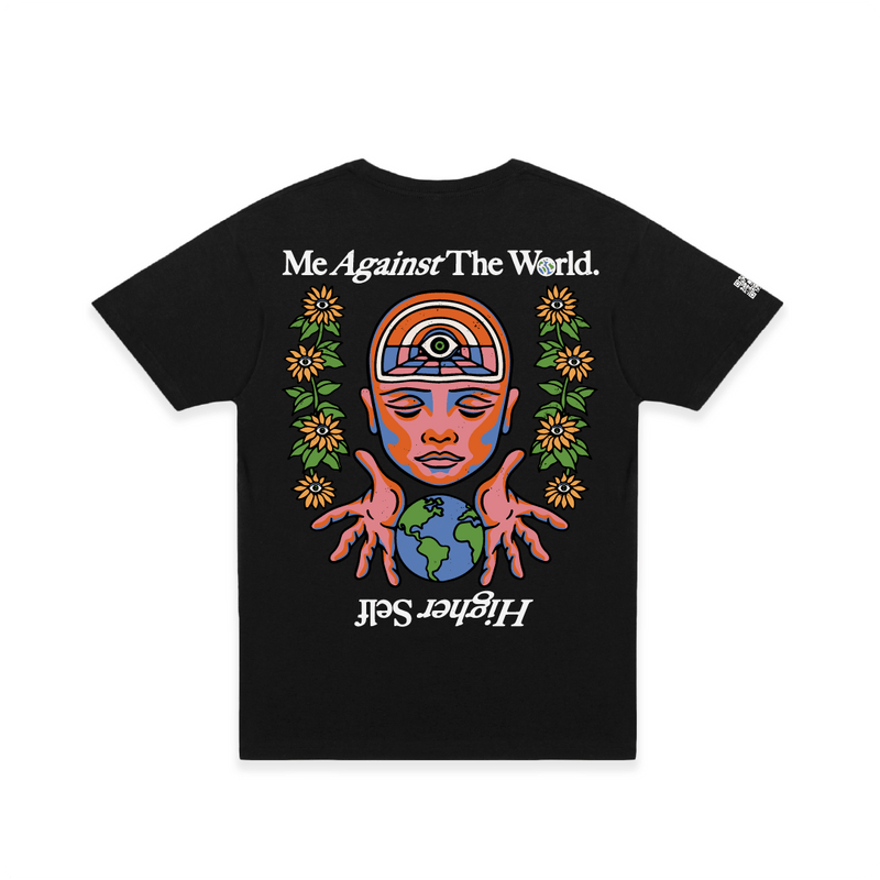 Rear view of a unisex black t-shirt with a colorful Me Against The World graphic and text on a white background