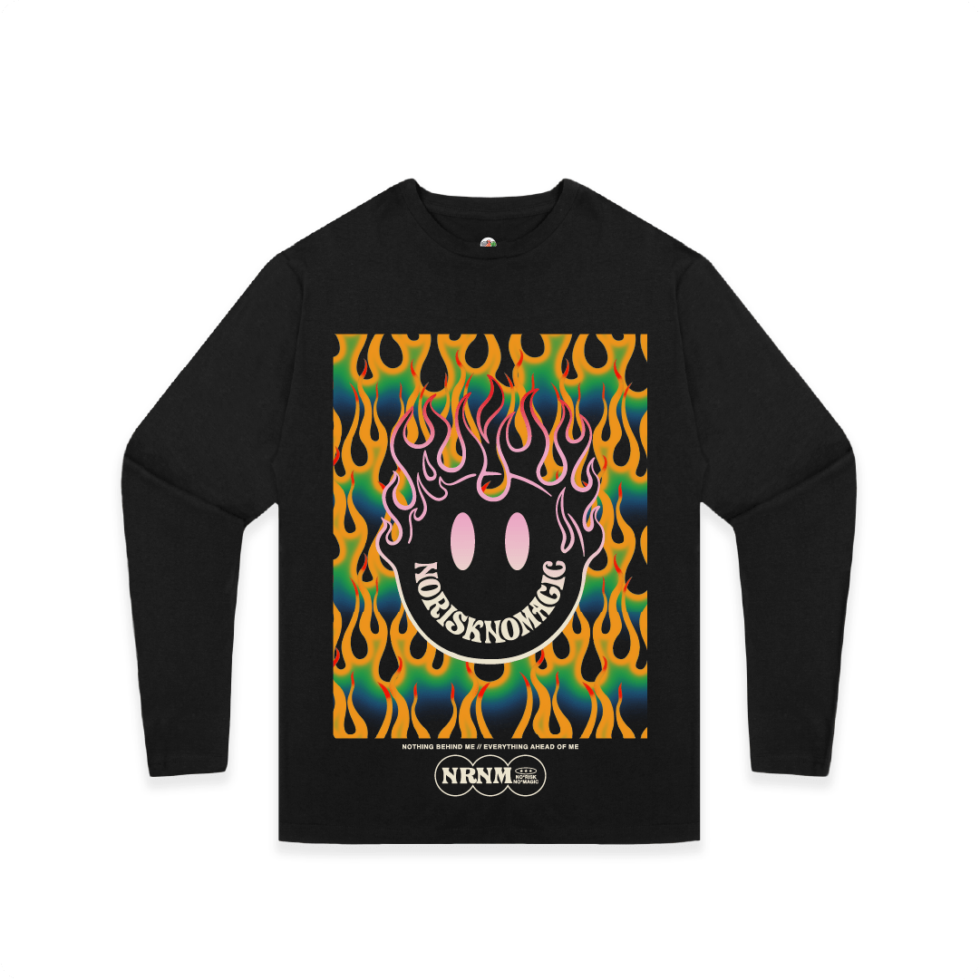 Black long-sleeve shirt with colorful flame design and logo on a white background