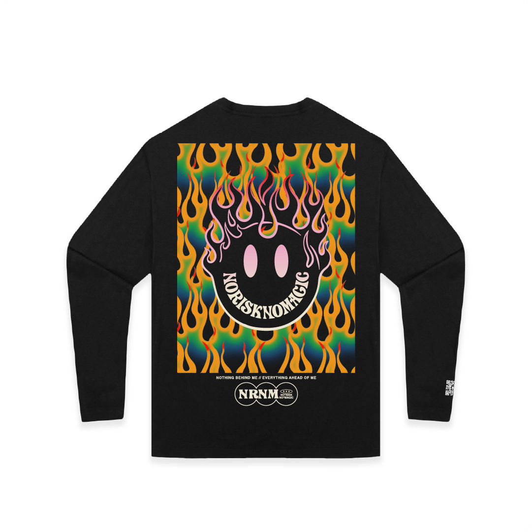 Black long-sleeve shirt with colorful graphic design on the back, featuring a smiley face and flames.