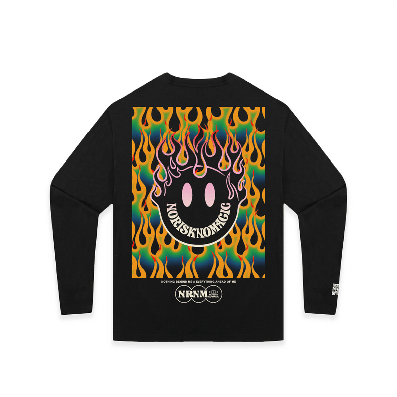 Black long-sleeve shirt with colorful graphic design on the back, featuring a smiley face and flames.