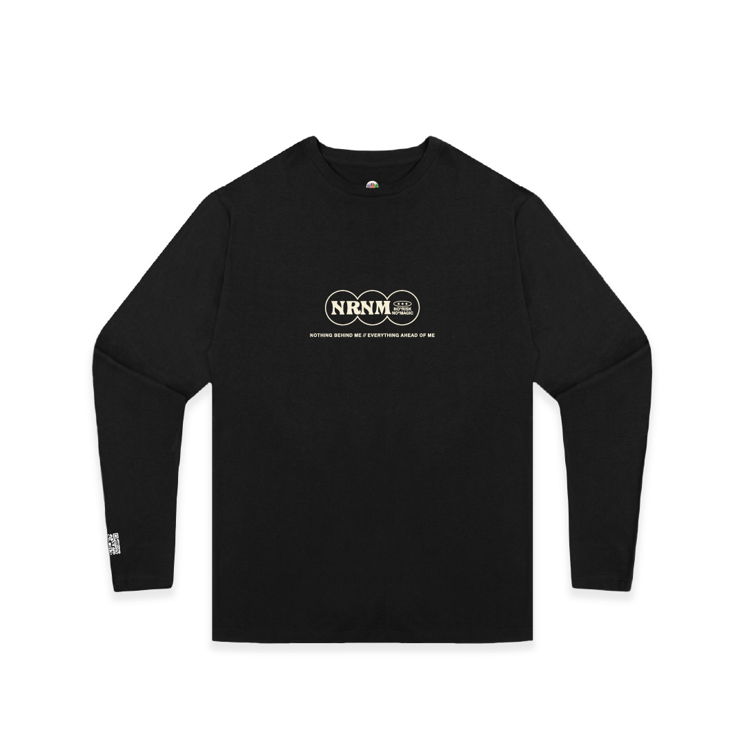 Black long-sleeve shirt with white logo on a white background