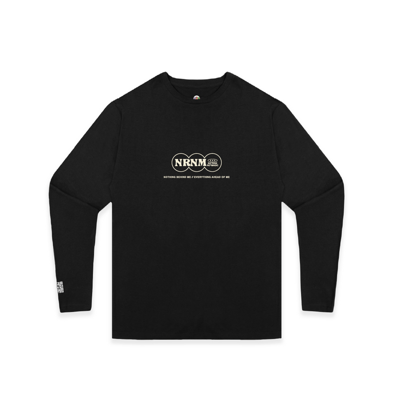 Black long-sleeve shirt with white logo on a white background