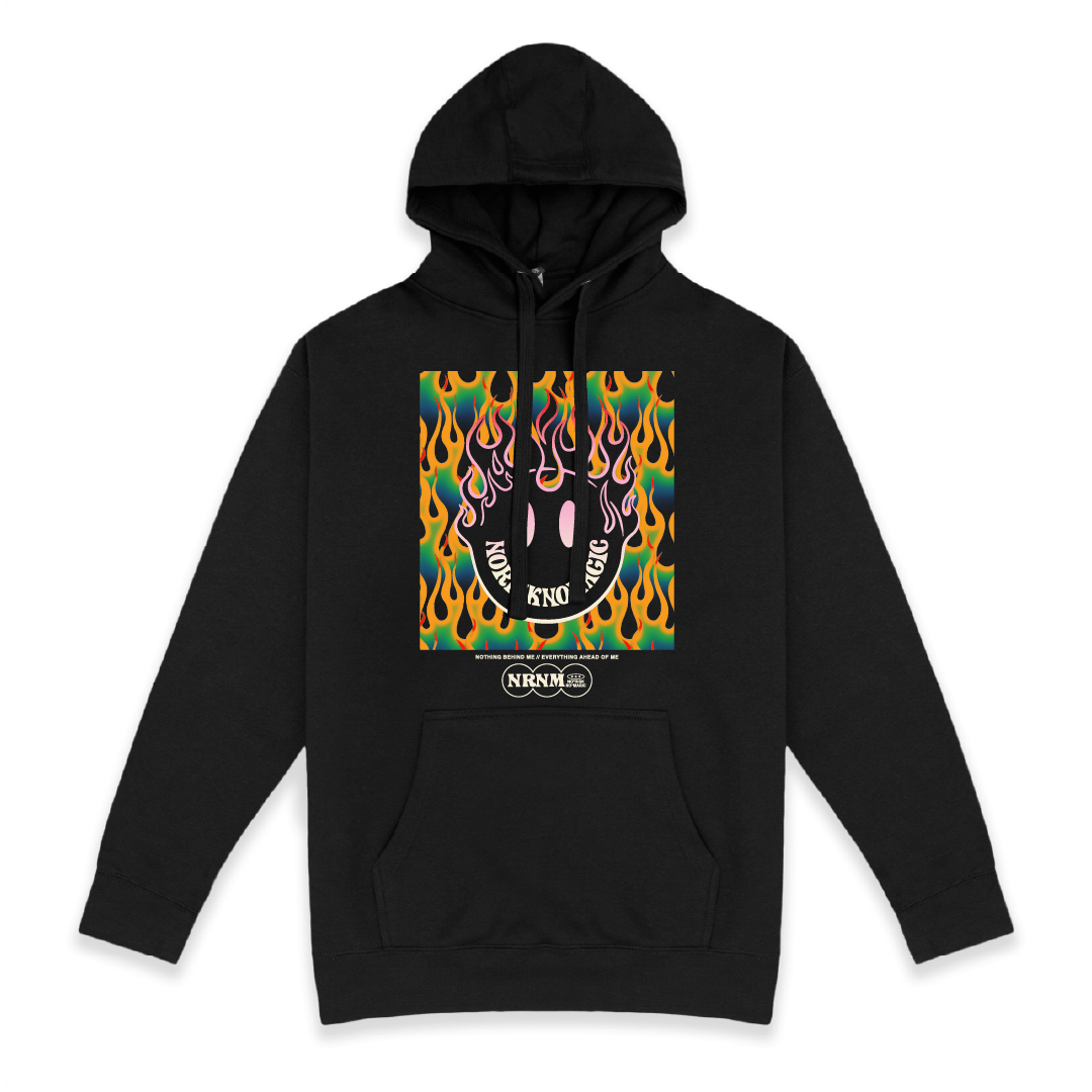 Front view of unisex Black hoodie with colorful flame design on a white background