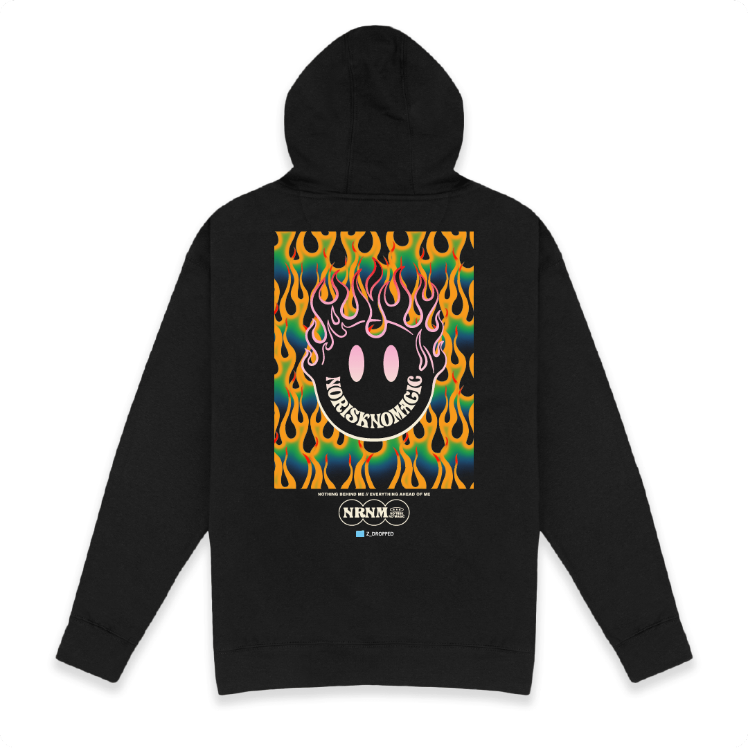 Rear view of a unisex black hoodie with a large red flaming smiley face on a white background