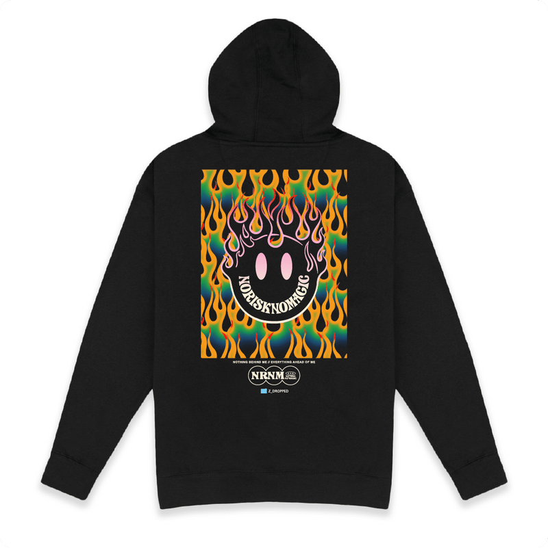 Rear view of a unisex black hoodie with a large red flaming smiley face on a white background
