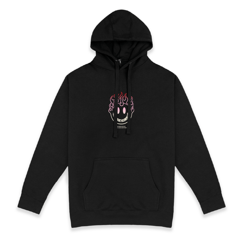 Front view of a unisex black hoodie with a small red flaming smiley face graphic center on the chest on a white background