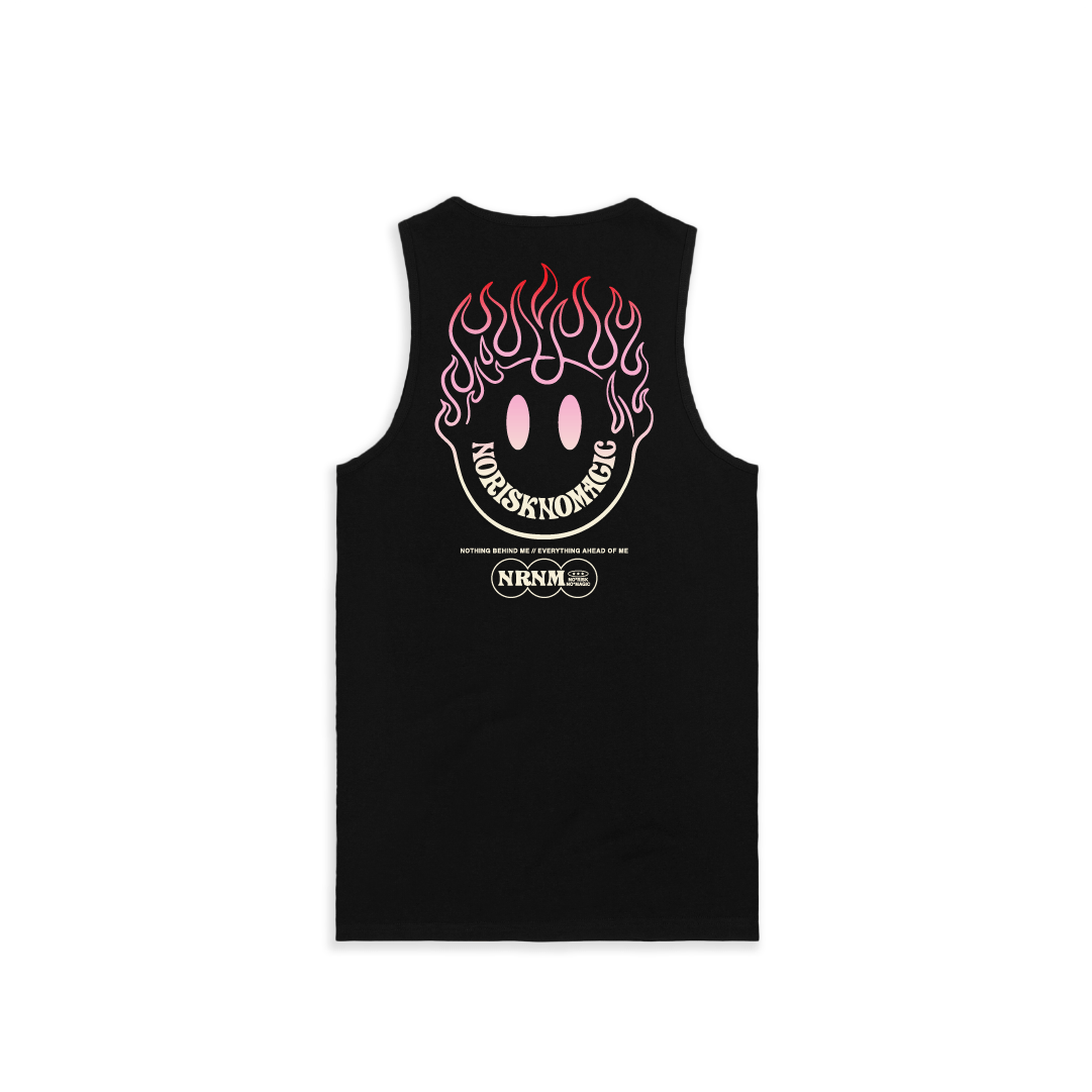 Black tank top with a flaming smiley face on the back against a white background