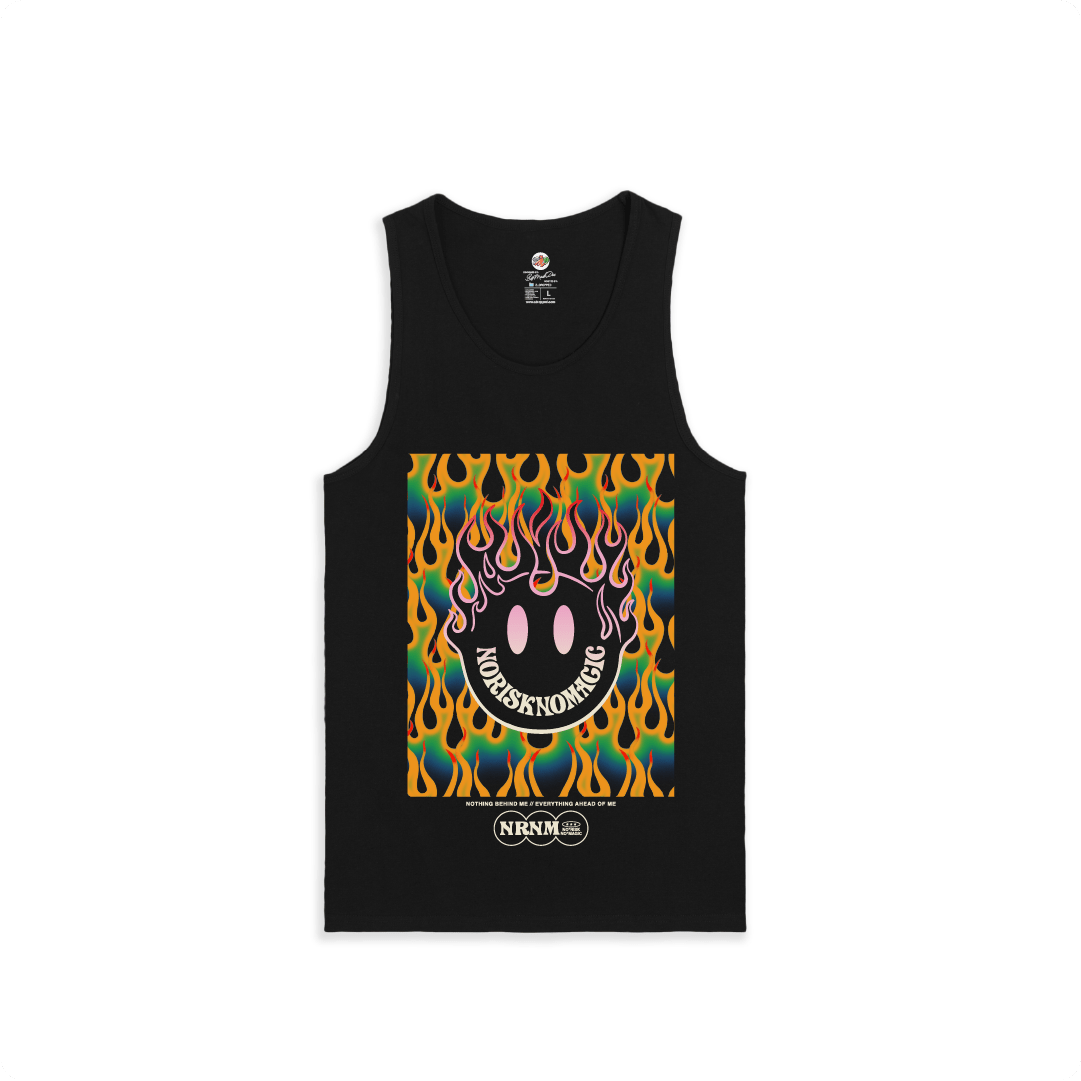 Black tank top with colorful flame design and logo on a white background