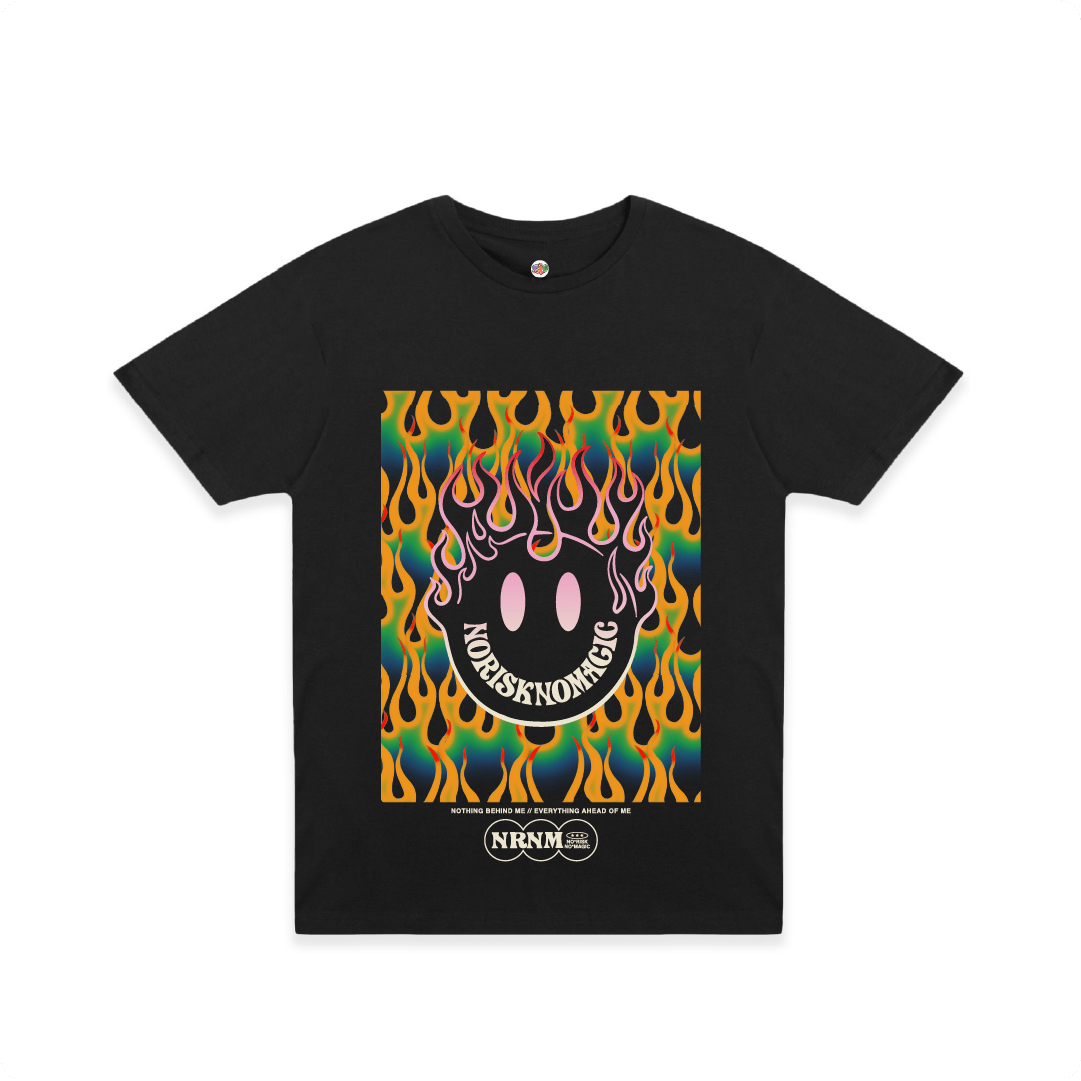 Black t-shirt with colorful flame design and smiley face on a white background