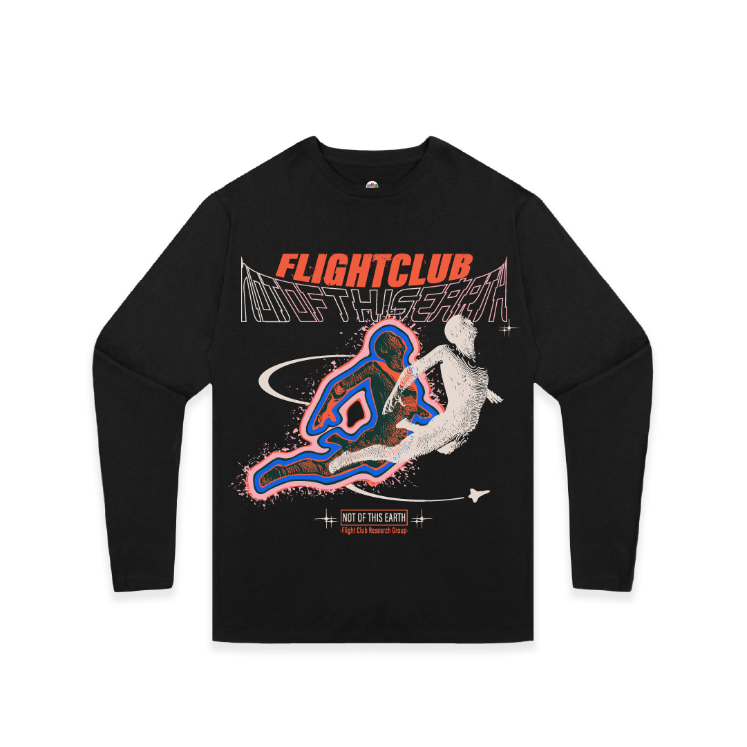Black long-sleeve shirt with colorful graphic design and 'FLIGHTCLUB' text on a white background