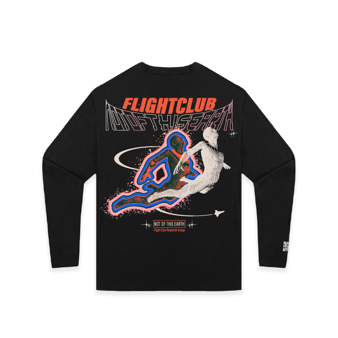 Black long-sleeve shirt with colorful graphic design and 'FLIGHTCLUB' text on a white background
