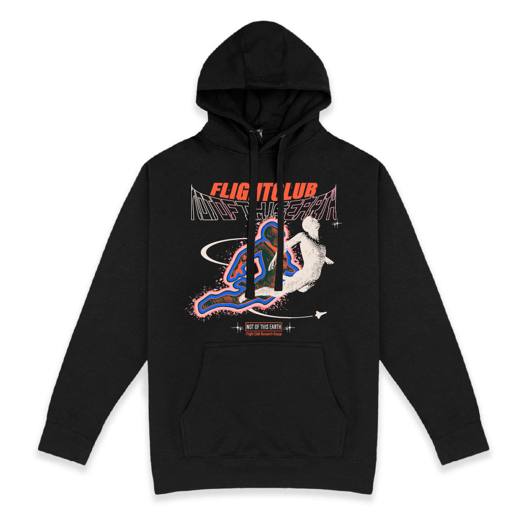 Front view of a unisex black hoodie with a large flight club, not of this earth graphic design on a white background.