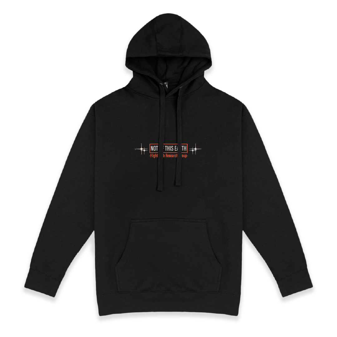 Front view of a unisex black hoodie with a small flight club, not of this earth small graphic design on a white background.