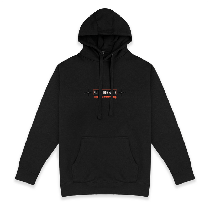 Front view of a unisex black hoodie with a small flight club, not of this earth small graphic design on a white background.