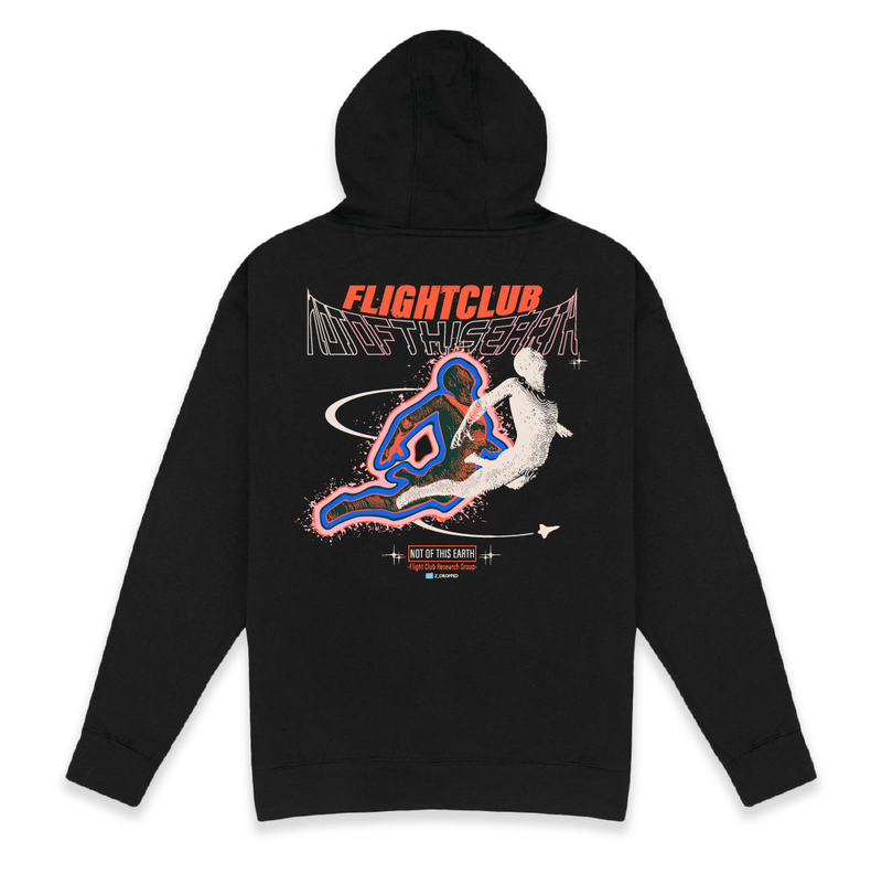 Rear view of a unisex black hoodie with a large flight club, not of this earth small graphic design on a white background.