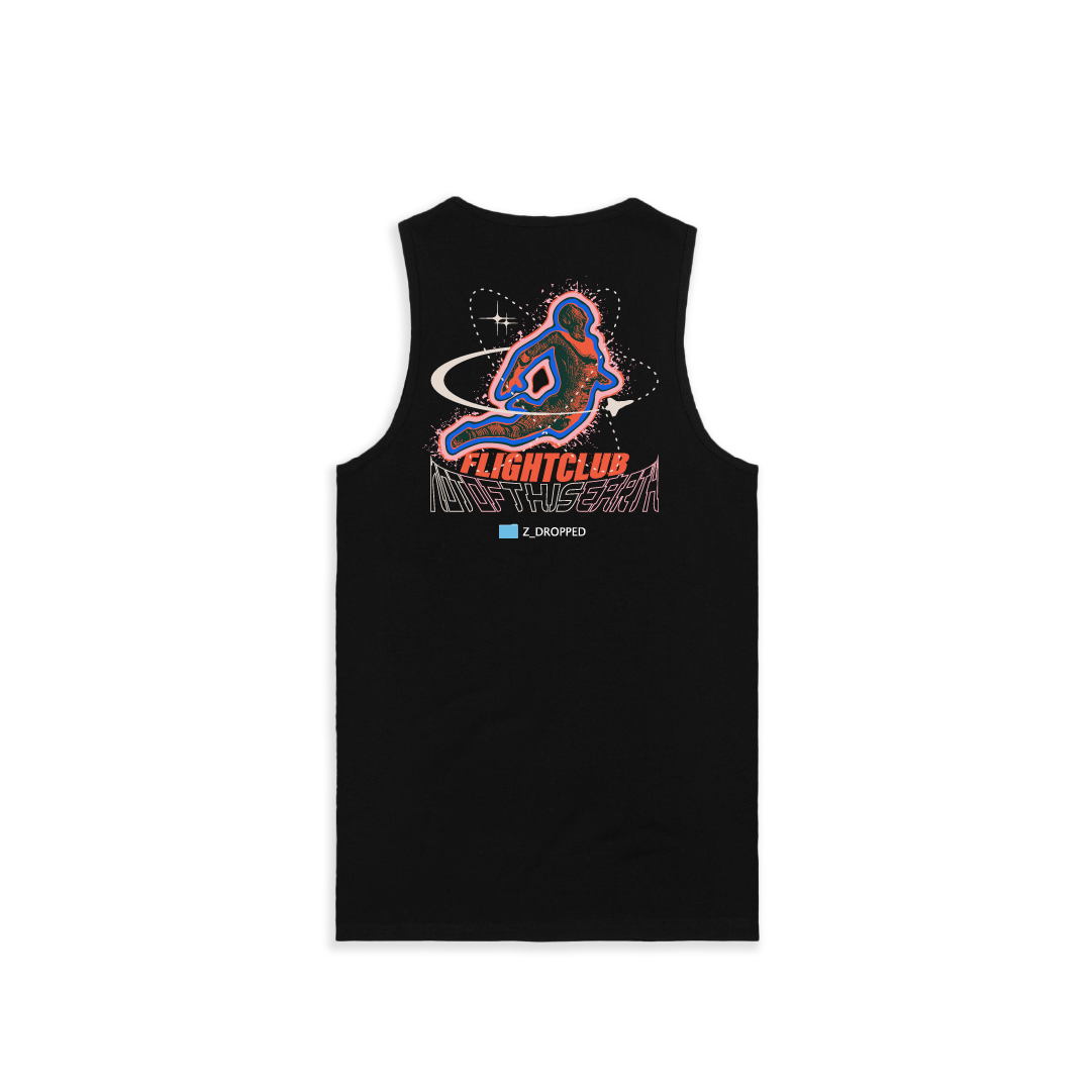 Rear view of a Black tank top with flightclub graphic design on a white background