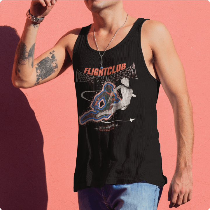 Person wearing a black tank top with Flight Club graphic against a pink background