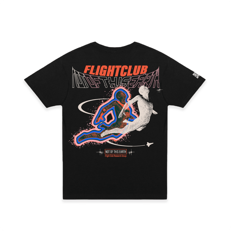 Black t-shirt with colorful graphic design and 'FLIGHTCLUB' text on a white background