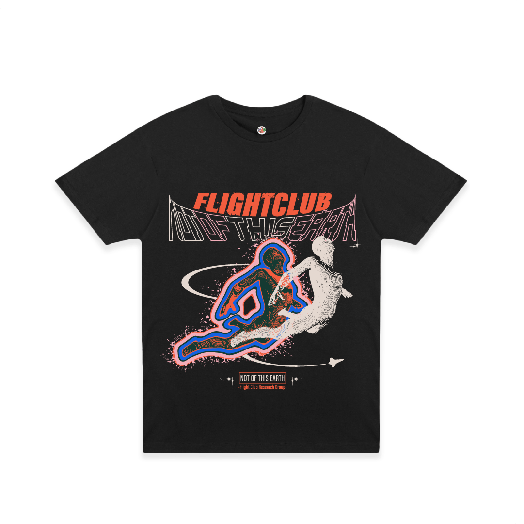 Black t-shirt with 'FLIGHTCLUB' and 'Not of This Earth' graphic design on a white background