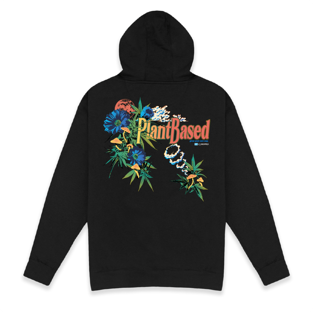 Rear view of a unisex black hoodie with 'Plant Based' text on a white background