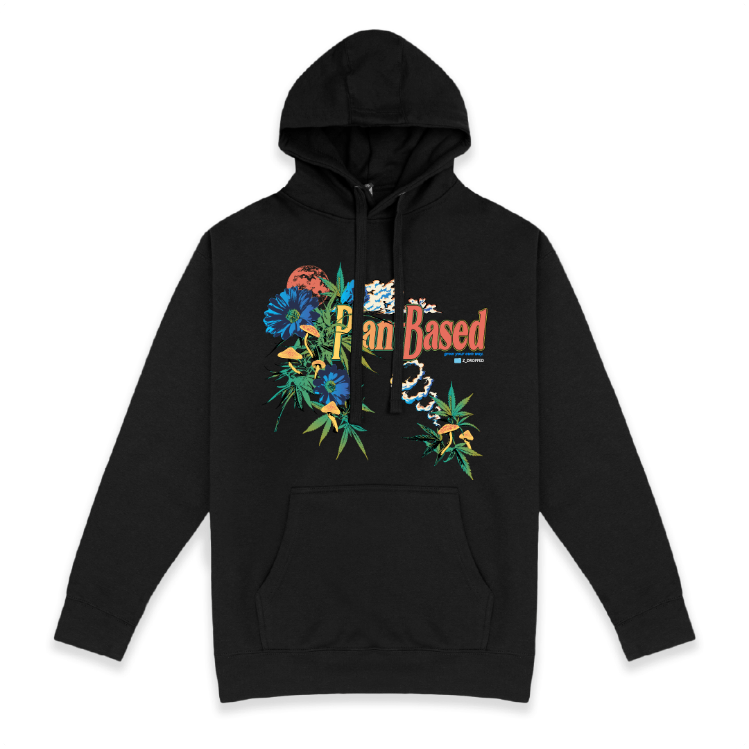 Front view of a unisex black hoodie with 'Plant Based' text and floral designs on a white background