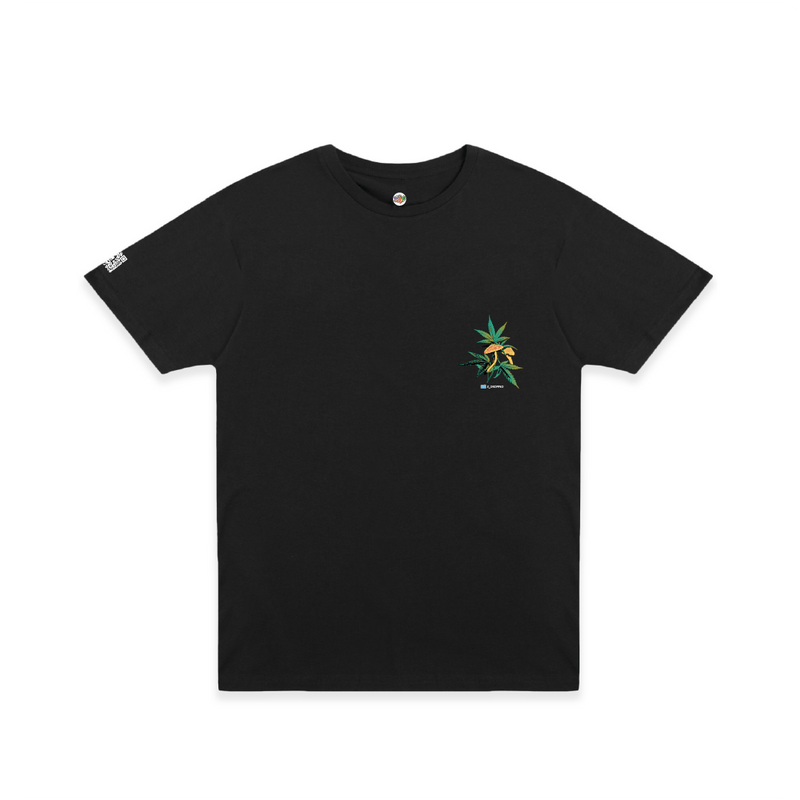 Front view of a unisex black t-shirt with floral weed leaf and mushrooms design on the chest on a white background.
