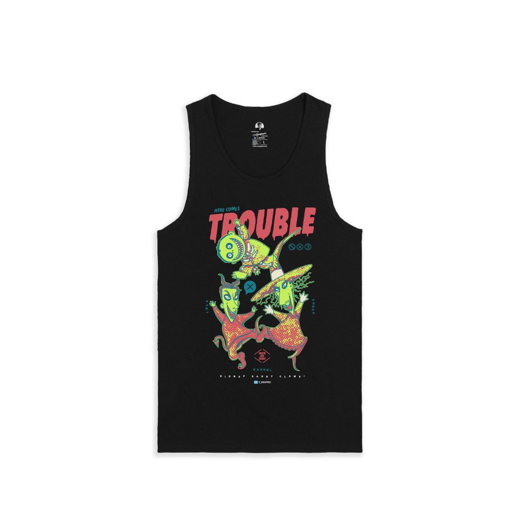 Front view of a black tank top with colorful lock shock and barrel and 'Here Comes Trouble' text on a white background