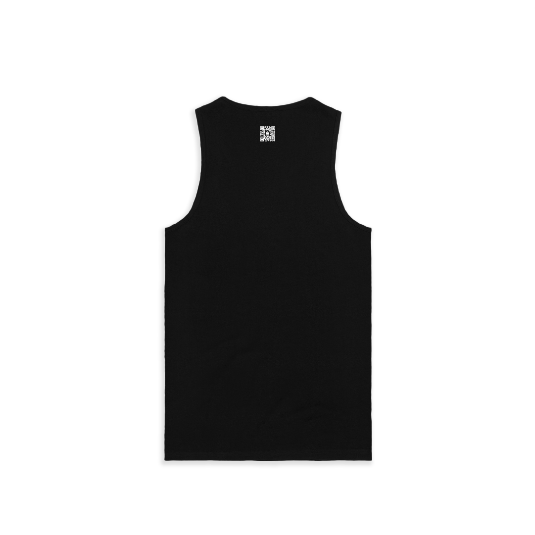 Rear view of a black tank top with a small white zdropped QR code printed on the back on a white background.