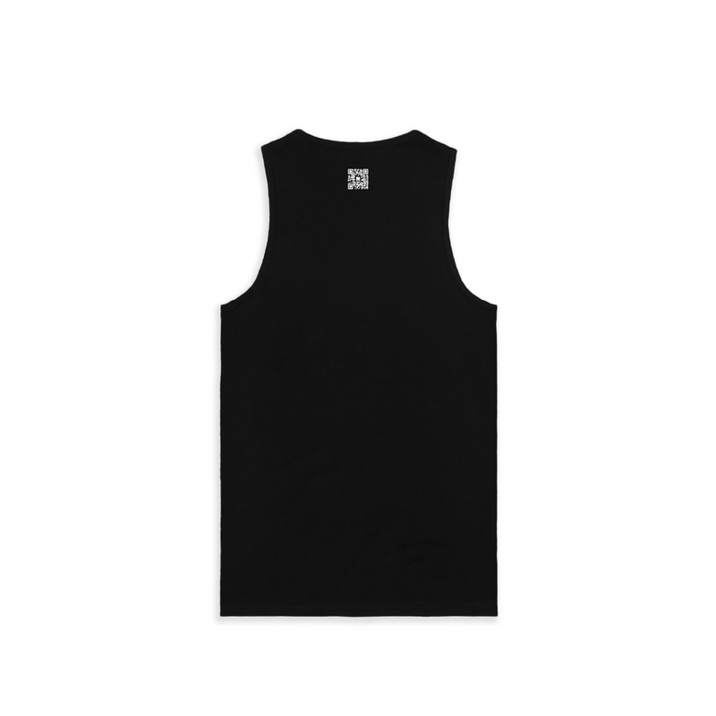 Rear view of a black tank top with a small white zdropped QR code printed on the back on a white background.